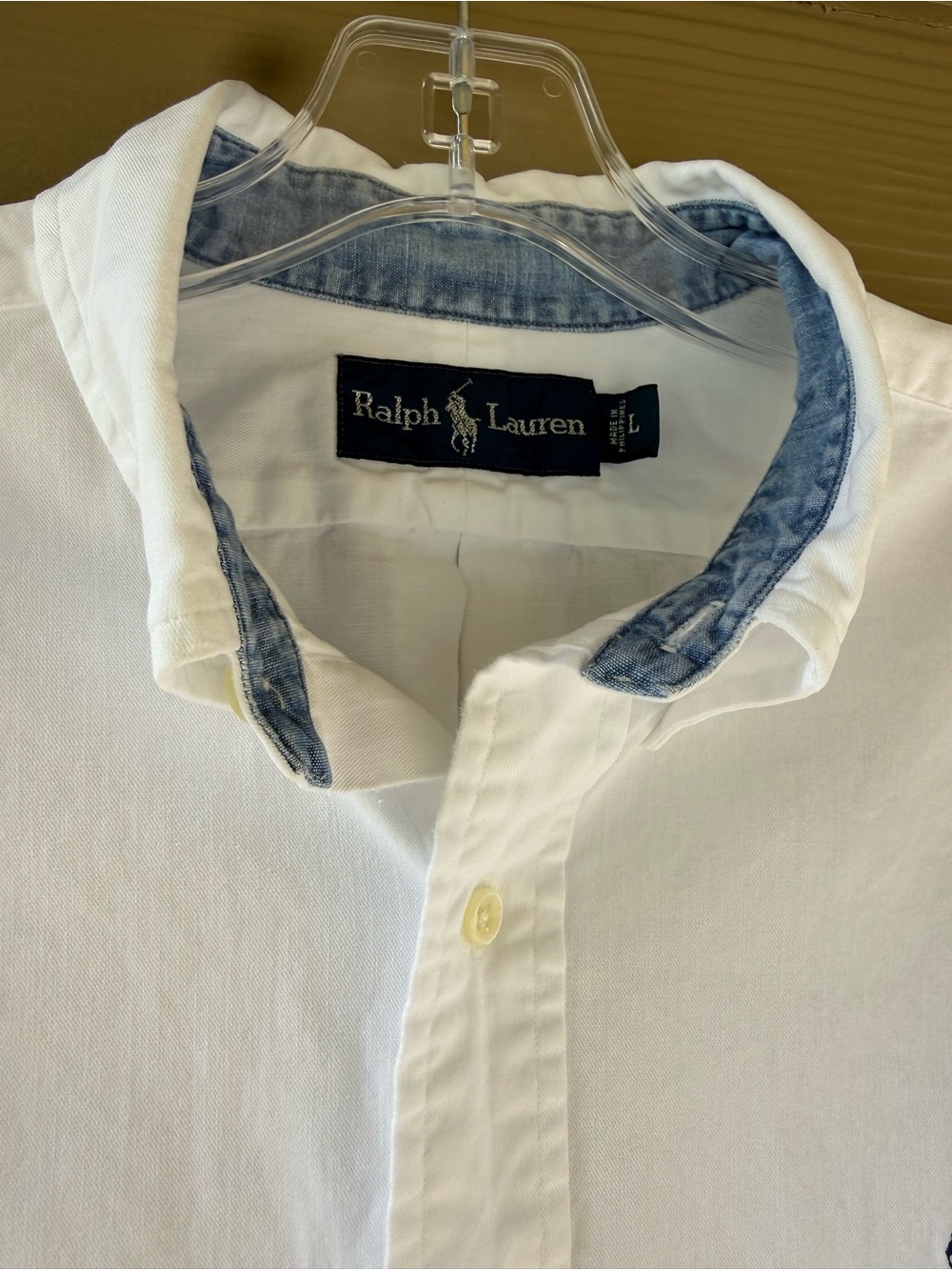 RALPH LAUREN  Cotton White Blue Denim Finishing Oxford Shirt Size L - Picture 10 of 13